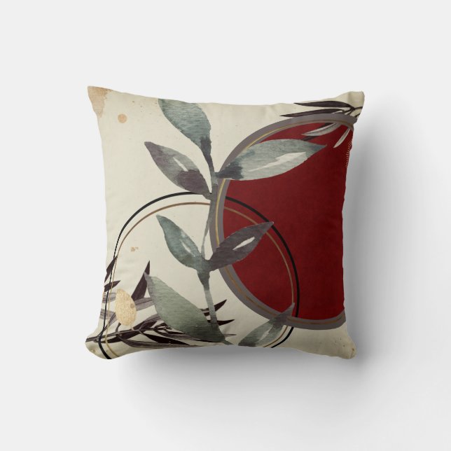 Modern Watercolor Leaves | Cream & Burgundy Cushion (Front)