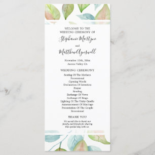 Modern Watercolor Leaves Foliage Wedding Ceremony Programme