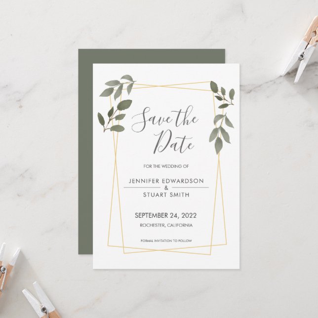Modern watercolor leaves gold frame Save the Date  Invitation (Front/Back In Situ)