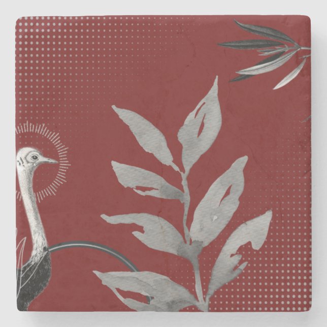 Modern Watercolor Leaves Ostrich | Burgundy Stone Coaster (Front)