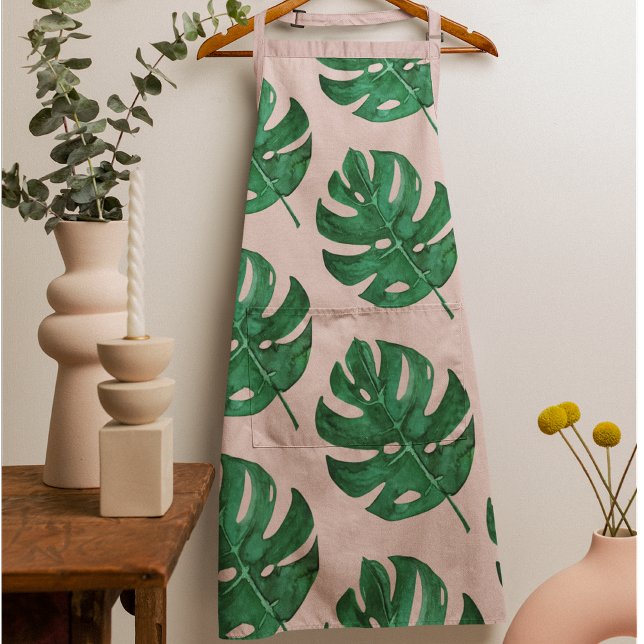 Modern Watercolor Leaves Pink & Green Pattern Apron (Creator Uploaded)