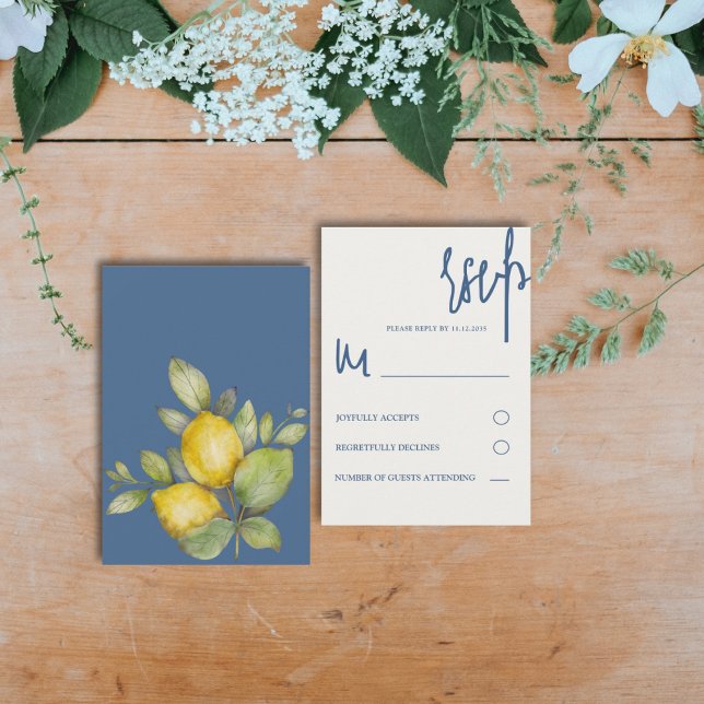 Modern Watercolor Lemon Blue & Yellow Wedding RSVP Card (Creator Uploaded)