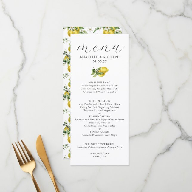 Modern Watercolor Lemon Citrus Wedding Menu (Front/Back In Situ)