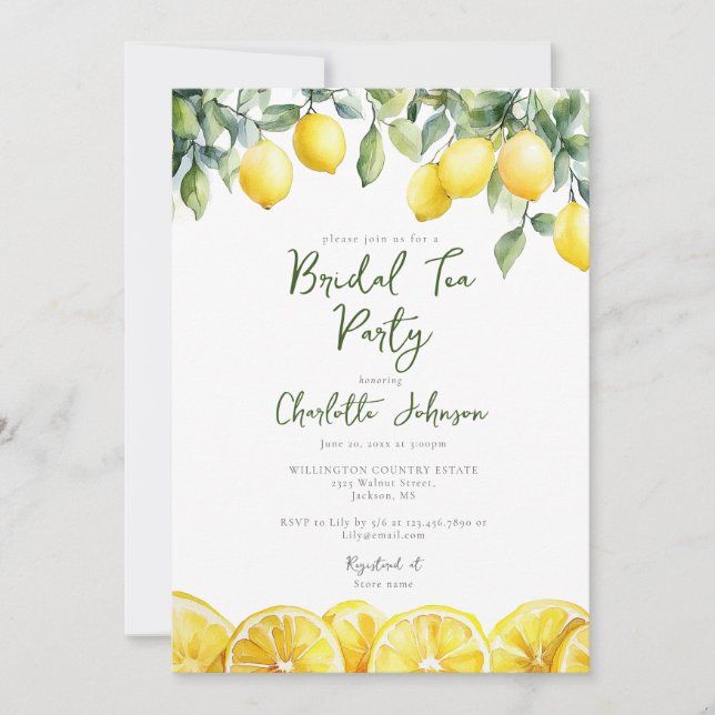 Modern Watercolor Lemons Bridal Shower Tea Party Invitation (Front)