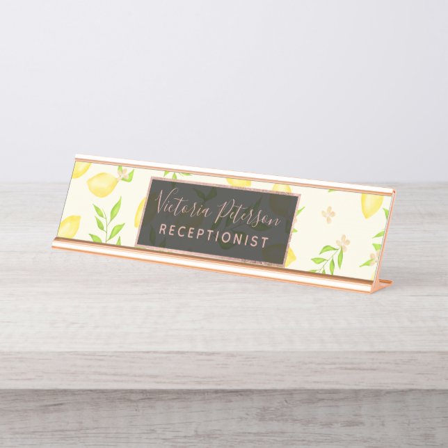 Modern watercolor lemons pattern citrus fruits desk name plate (Front)