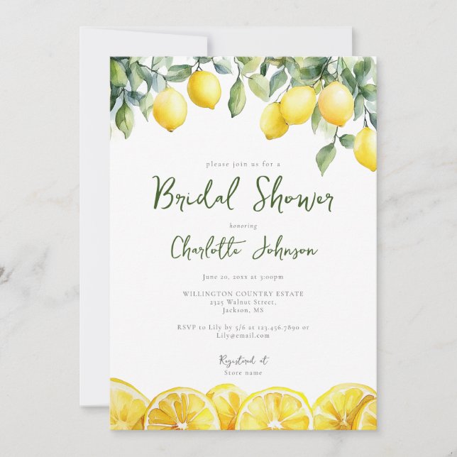 Modern Watercolor Lemons QR Code Bridal Shower Invitation (Front)