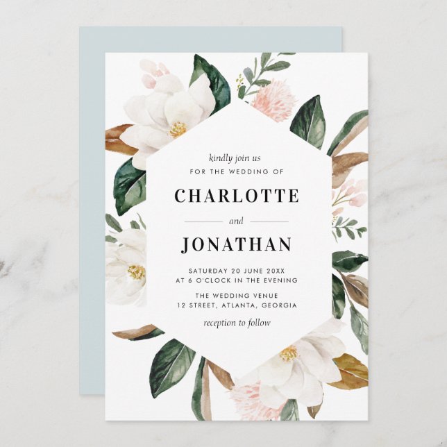 modern watercolor magnolia floral frame wedding invitation (Front/Back)