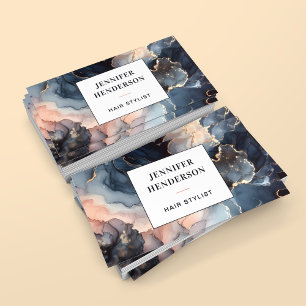 Modern Watercolor Marble Blue Gold Pink Script Business Card