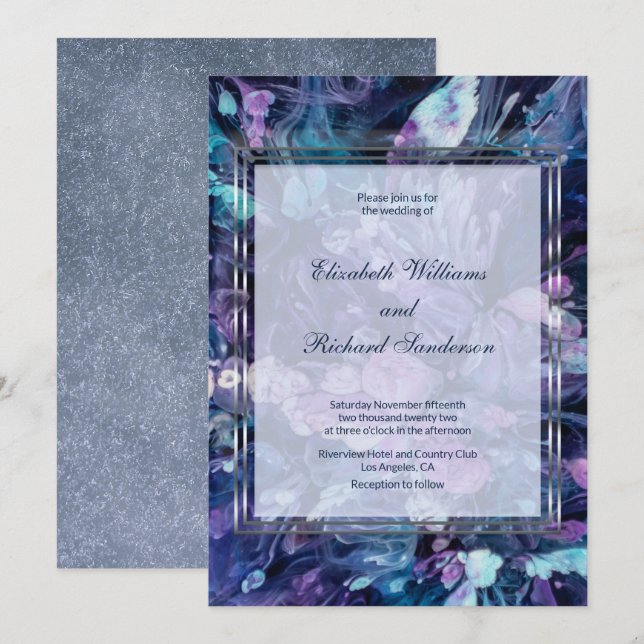 Modern Watercolor Mauve Teal Floral Wedding Invitation (Front/Back)