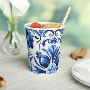 Modern Watercolor Mediterranean Blue Tiles Paper Cups