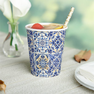 Modern Watercolor Mediterranean Blue Tiles Paper Cups