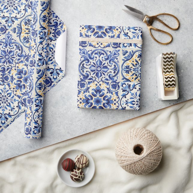Modern Watercolor Mediterranean  Blue Tiles  Wrapping Paper (Crafts)