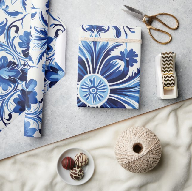 Modern Watercolor Mediterranean  Blue Tiles  Wrapping Paper (Crafts)