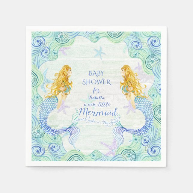 Modern Watercolor Mermaid Baby Shower Waves Wood Napkin (Front)