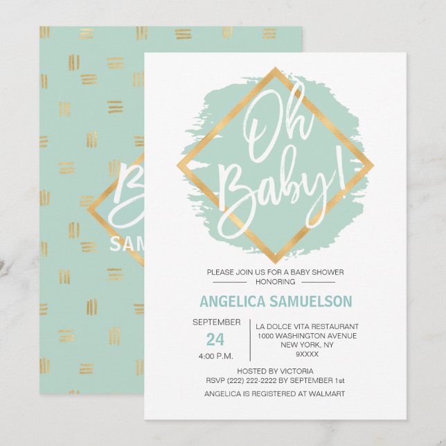 Modern Watercolor Mint Green Gold Oh Baby Shower Invitation (Front/Back)