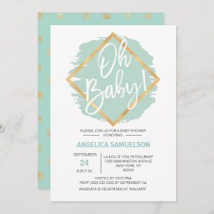Modern Watercolor Mint Green Gold Oh Baby Shower Invitation