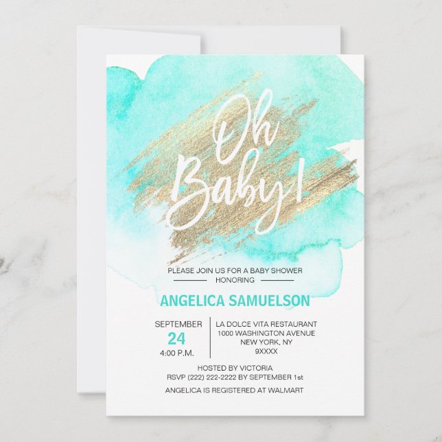 Modern Watercolor Mint Green Gold Oh Baby Shower Invitation (Front)