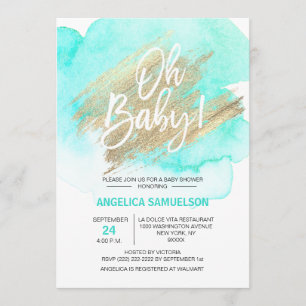 Modern Watercolor Mint Green Gold Oh Baby Shower Invitation