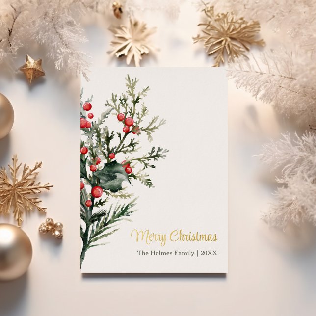 Modern Watercolor Mistletoe Christmas Gold (Modern Watercolor Mistletoe Christmas Gold Foil Holiday Card on a table with Chirstmas decoration.)