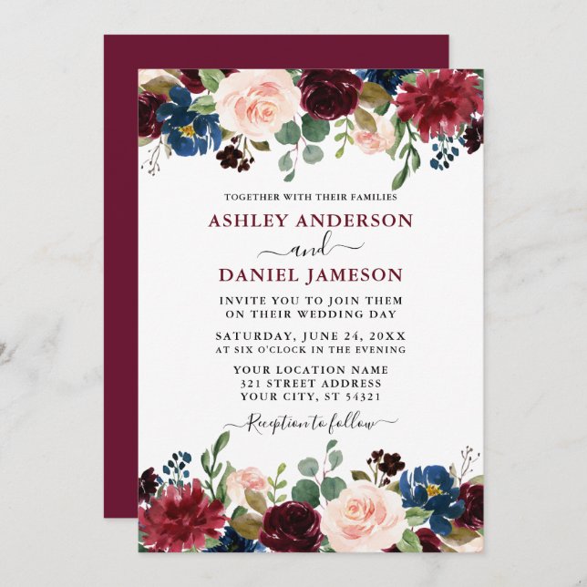 Modern Watercolor Mixed Floral Burgundy Wedding Invitation (Front/Back)