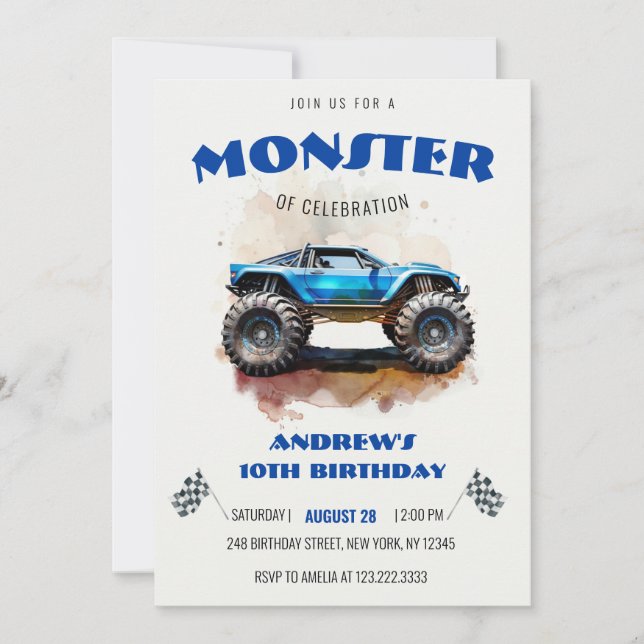 Modern Watercolor Monster Truck Blue Boy Birthday  Invitation (Front)
