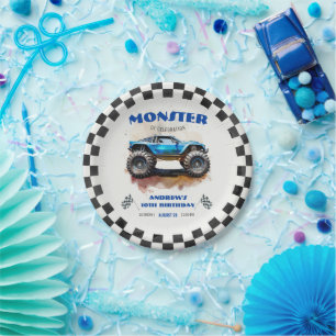 Modern Watercolor Monster Truck Blue Boy Birthday  Paper Plate