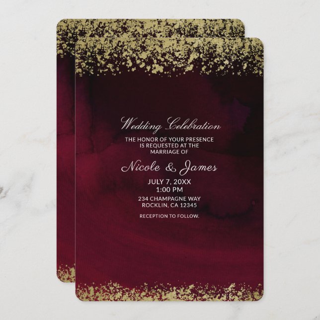 Modern Watercolor Moody Maroon & Gold Wedding Invitation (Front/Back)