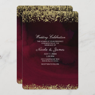 Modern Watercolor Moody Maroon & Gold Wedding Invitation