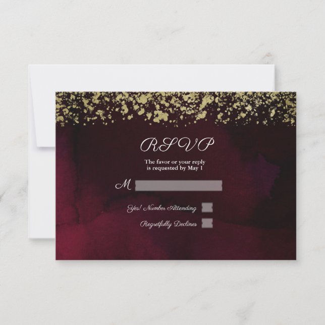 Modern Watercolor Moody Maroon & Gold Wedding RSVP (Front)