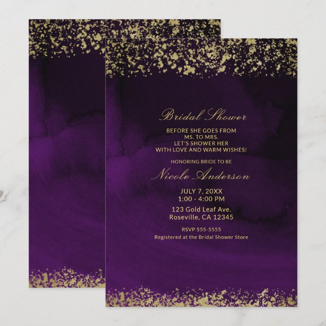 Modern Watercolor Moody Purple Gold Bridal Shower Invitation (Front/Back)