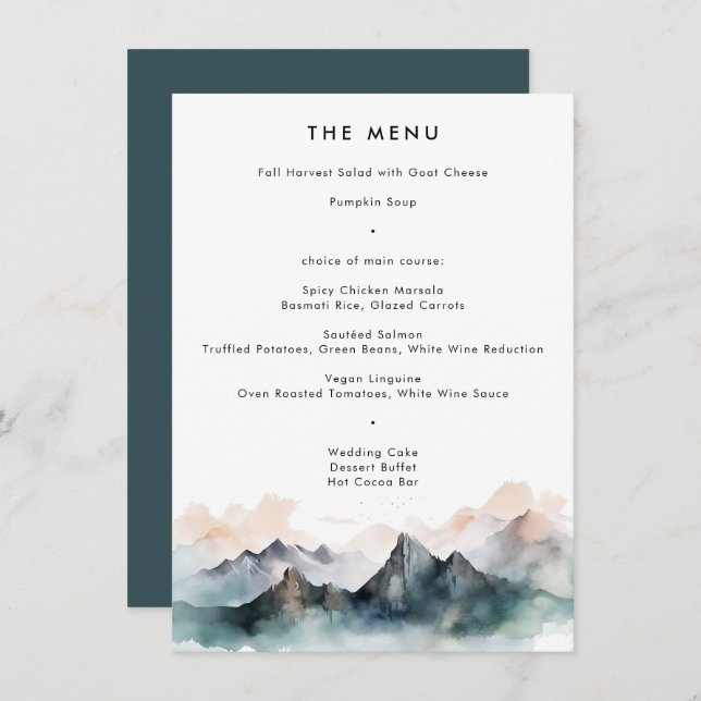 Modern Watercolor Mountain Landscape Wedding  Menu (Front/Back)