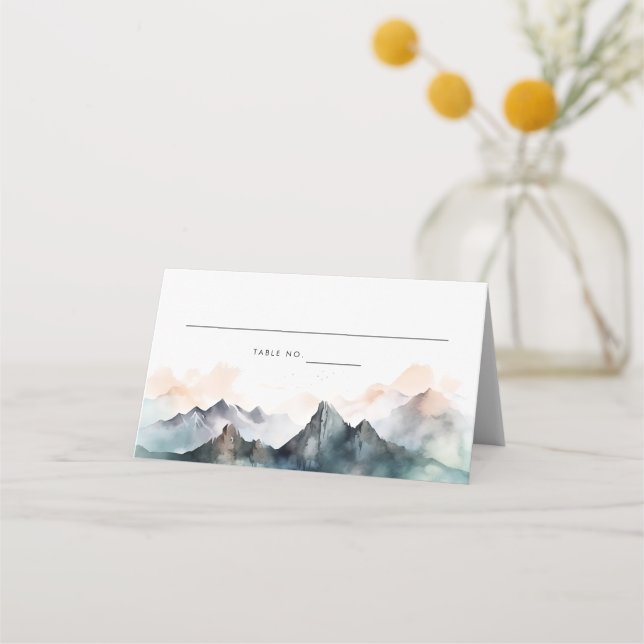 Modern Watercolor Mountain Landscape Wedding Place Card (Front)