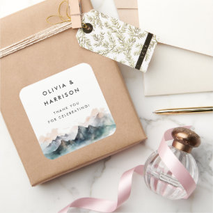 Modern Watercolor Mountain Landscape Wedding Square Sticker