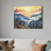 Modern Watercolor Mountain Sunset Landscape