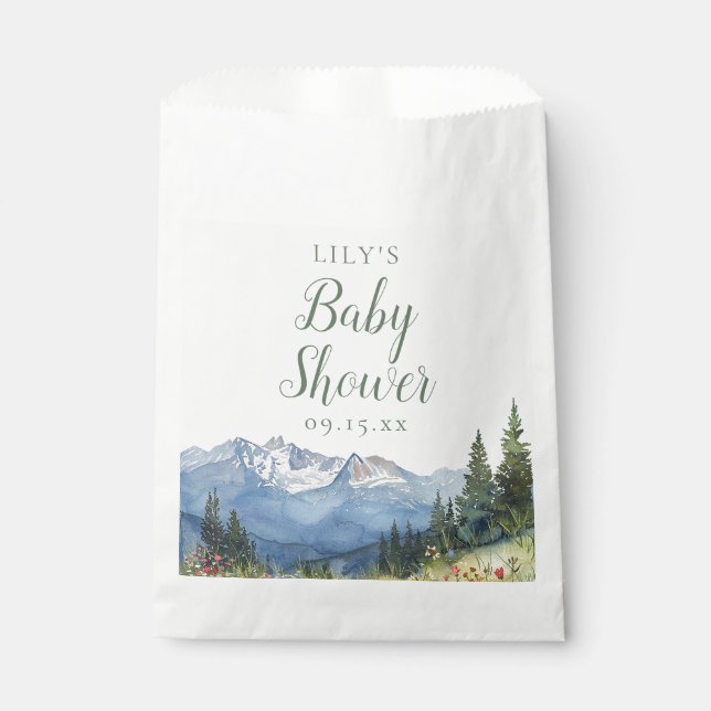 Modern Watercolor Mountain Wildflower Baby Shower Favour Bags (Front)