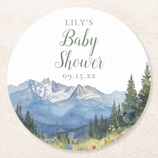 Modern Watercolor Mountain Wildflower Baby Shower Round Paper Coaster (Front)