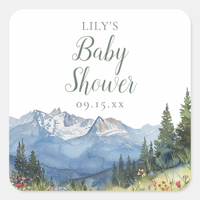 Modern Watercolor Mountain Wildflower Baby Shower Square Sticker (Front)