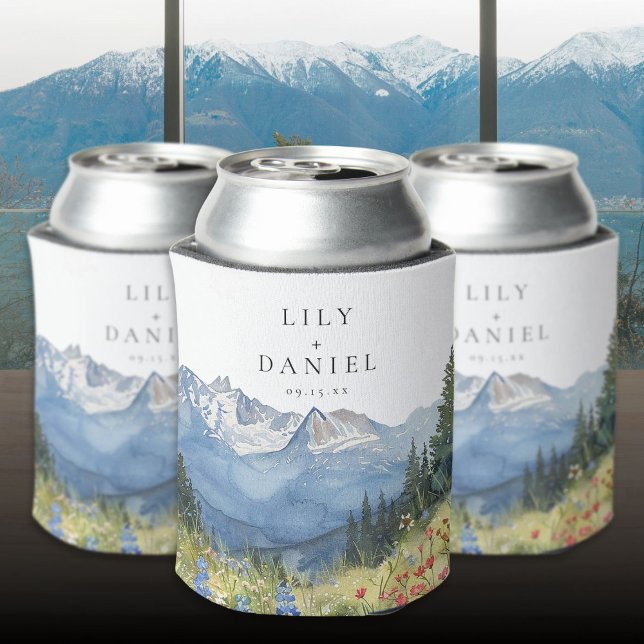 Modern Watercolor Mountain Wildflower Wedding Can Cooler (Modern Watercolor Mountain Wildflower Wedding Can Cooler)