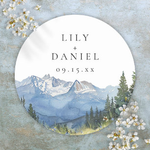 Modern Watercolor Mountain Wildflower Wedding Classic Round Sticker