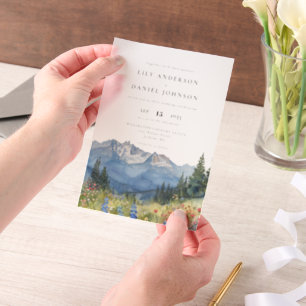 Modern Watercolor Mountain Wildflower Wedding Vellum Invitations