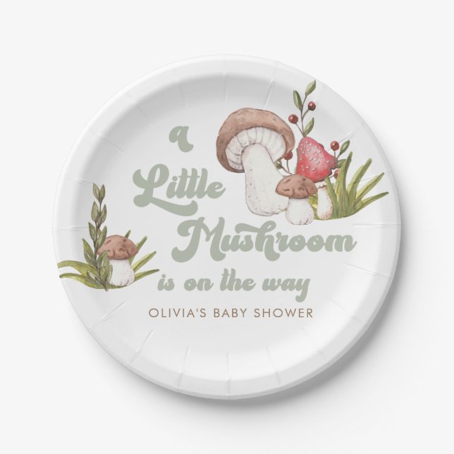Modern Watercolor Mushroom Baby Shower Paper Plate (Front)