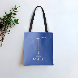 Modern watercolor name letter T teacher blue Tote Bag