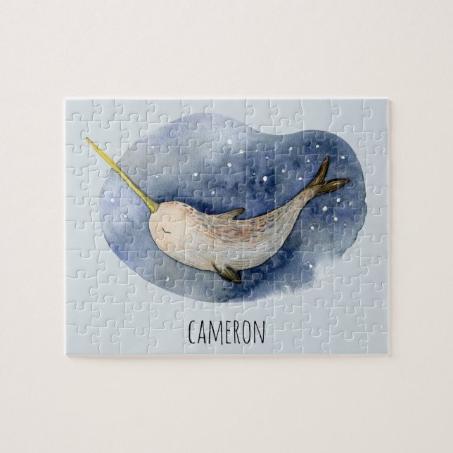 Modern Watercolor Narwhal Blue Ocean Personalised Jigsaw Puzzle (Horizontal)