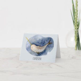 Modern Watercolor Narwhal Blue Ocean Personalised Note Card