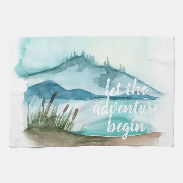 Modern Watercolor Nature Let's The Adventure Begin Tea Towel (Horizontal)