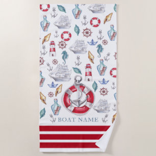 Modern Watercolor Nautical Boat Name Beach Towel