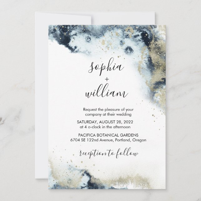 Modern Watercolor Navy Blue & Gold Wedding Invitation (Front)