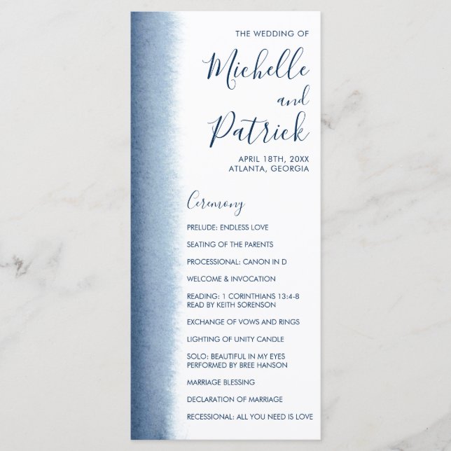 Modern Watercolor Navy Blue Wedding Programme (Front)