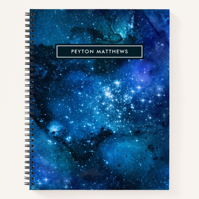 Modern Watercolor Nebula Galaxy Name Blue Notebook (Front)