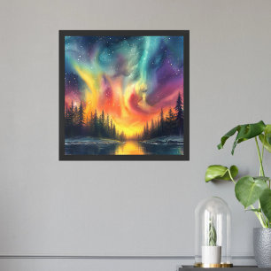 Modern Watercolor Northern Lights At Lake Fine Art Poster